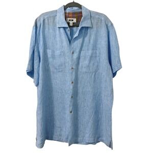 Joseph Abboud Mens XL Light Blue Striped 100% Linen Short Sleeve Button Up Shirt